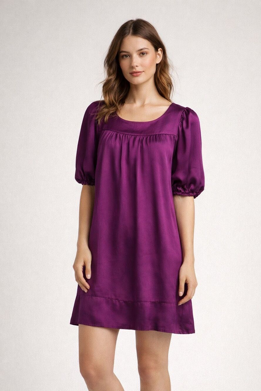 Kensie 100% Silk Purple Puff Sleeve Babydoll Mini Dress Size 8